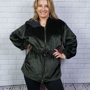 Velvet olive green jacket with hoodie size L